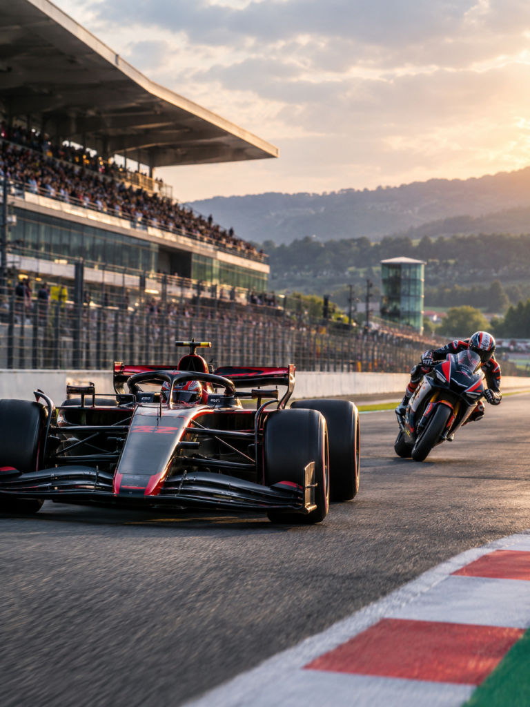 F1 e MotoGP oggi 9 ottobre 2026 — illustrazione editoriale